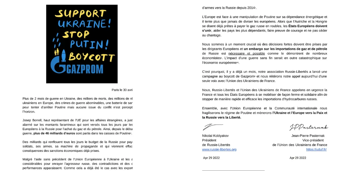 Nous appelons en urgence la France  à se mobiliser afin de stopper les importations d’hydrocarbures russes.