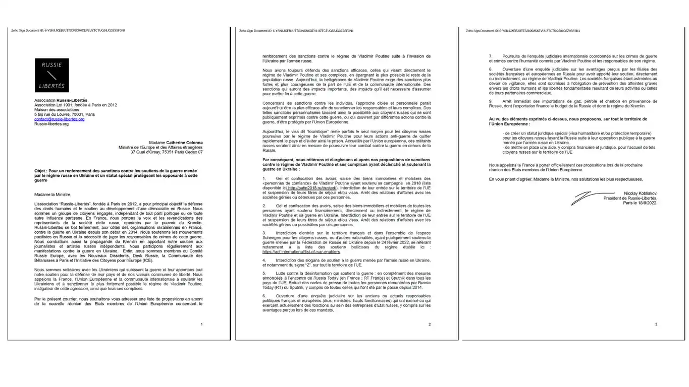 Pour un renforcement des sanctions contre les soutiens de la guerre menée par le régime russe en Ukraine et un statut spécial protégeant les opposants à cette guerre