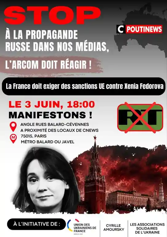 HALTE À LA PROPAGANDE DE GUERRE DU KREMLIN DANS NOS MÉDIAS. Manifestation — mercredi 3 juin 2026, 18 h