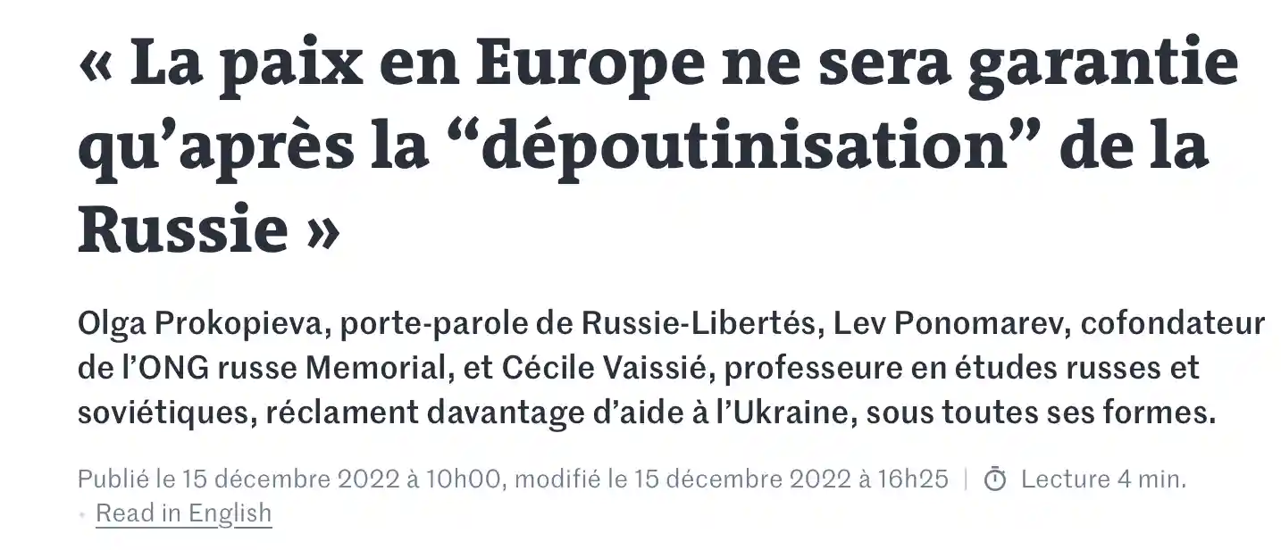 Le Monde: « La paix en Europe ne sera garantie qu’après la “dépoutinisation” de la Russie »