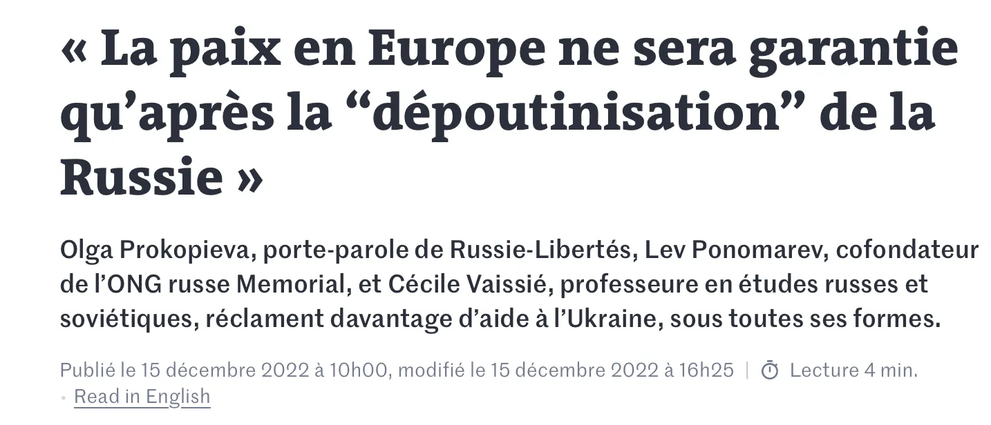 Le Monde: « La paix en Europe ne sera garantie qu’après la “dépoutinisation” de la Russie »