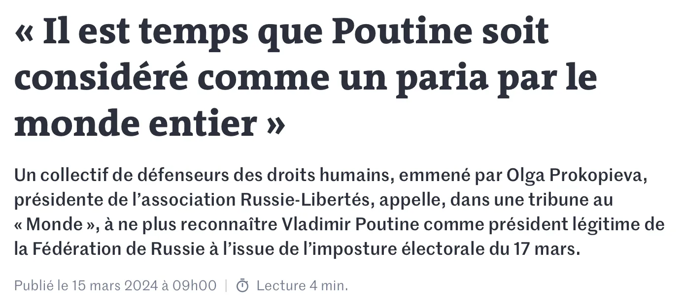 Le Monde: Il est temps que Poutine soir considéré comme un paria par le monde entier
