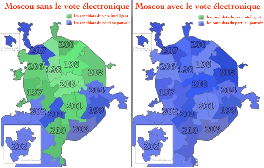À gauche sans le vote électronique et, à droite, avec. En vert, les régions où les candidats du vote intelligent ont gagné et en bleu, où ce sont les candidats du parti au pouvoir.